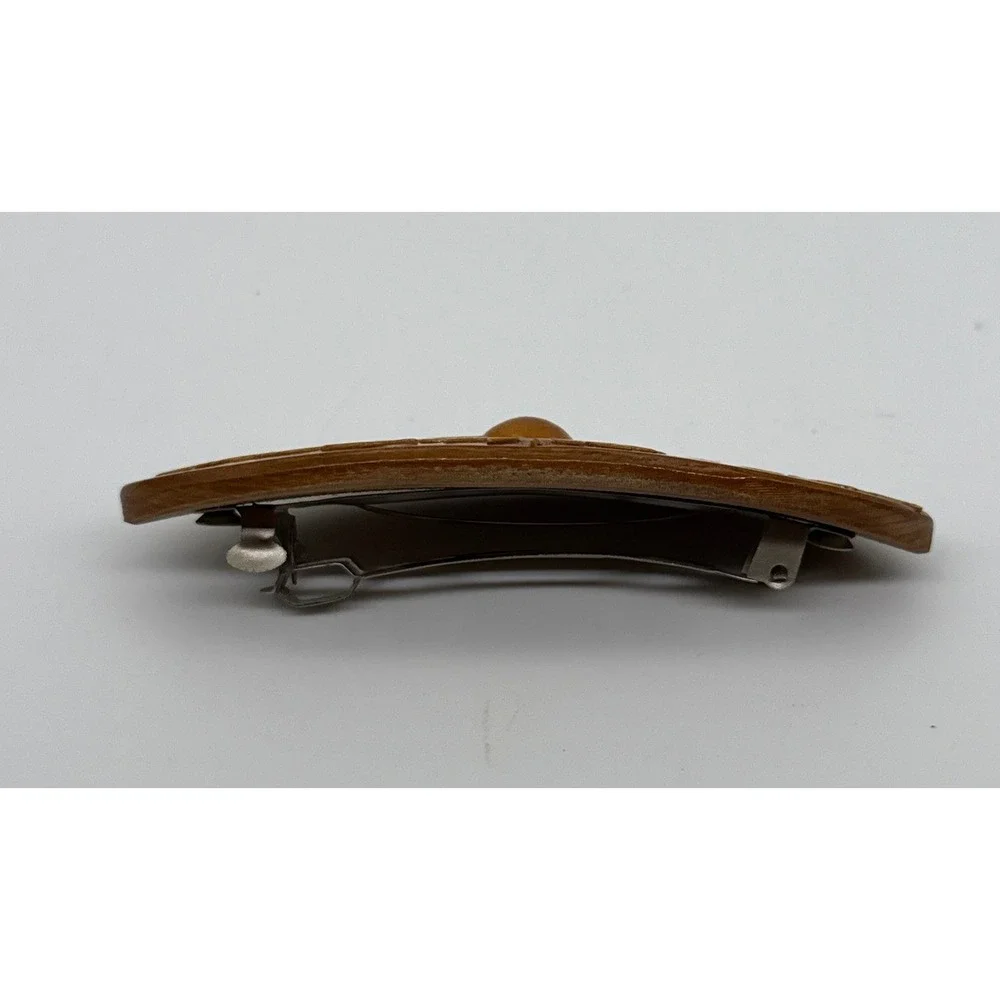 Vintage Carved Wooden Sunflower Hair Barrette Brown Oval French Clip Boho Flower